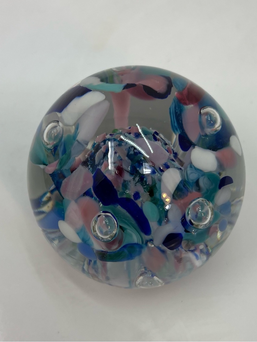 Handblown Glass Paperweight in Blue, Pink, White and Teal